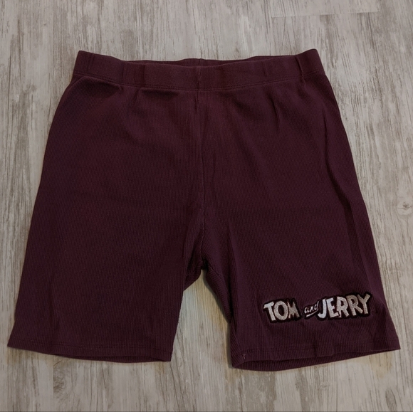 Tom and Jerry Pants - Vintage WB Tom and Jerry Embroidered Ribbed Burgundy Biker Shorts‎ Size Large